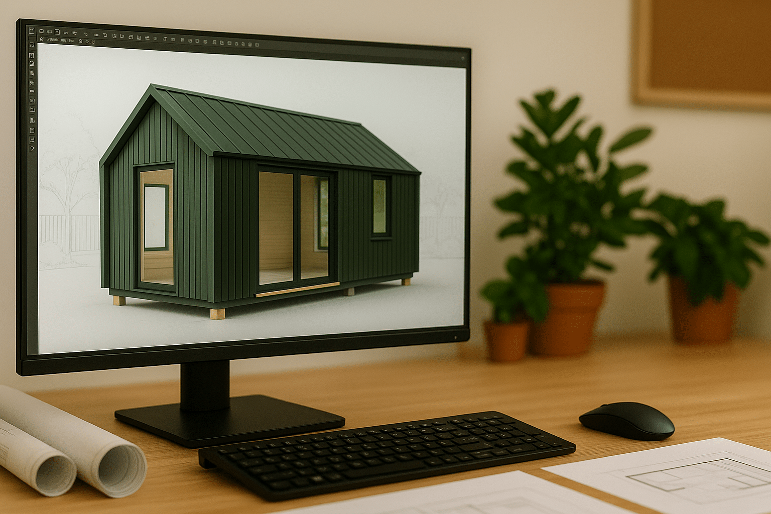 Computer monitor displaying a 3D model of a custom mobile pod alongside architectural drawings and tools, illustrating the design process for a personalised pod, sauna or hot tub