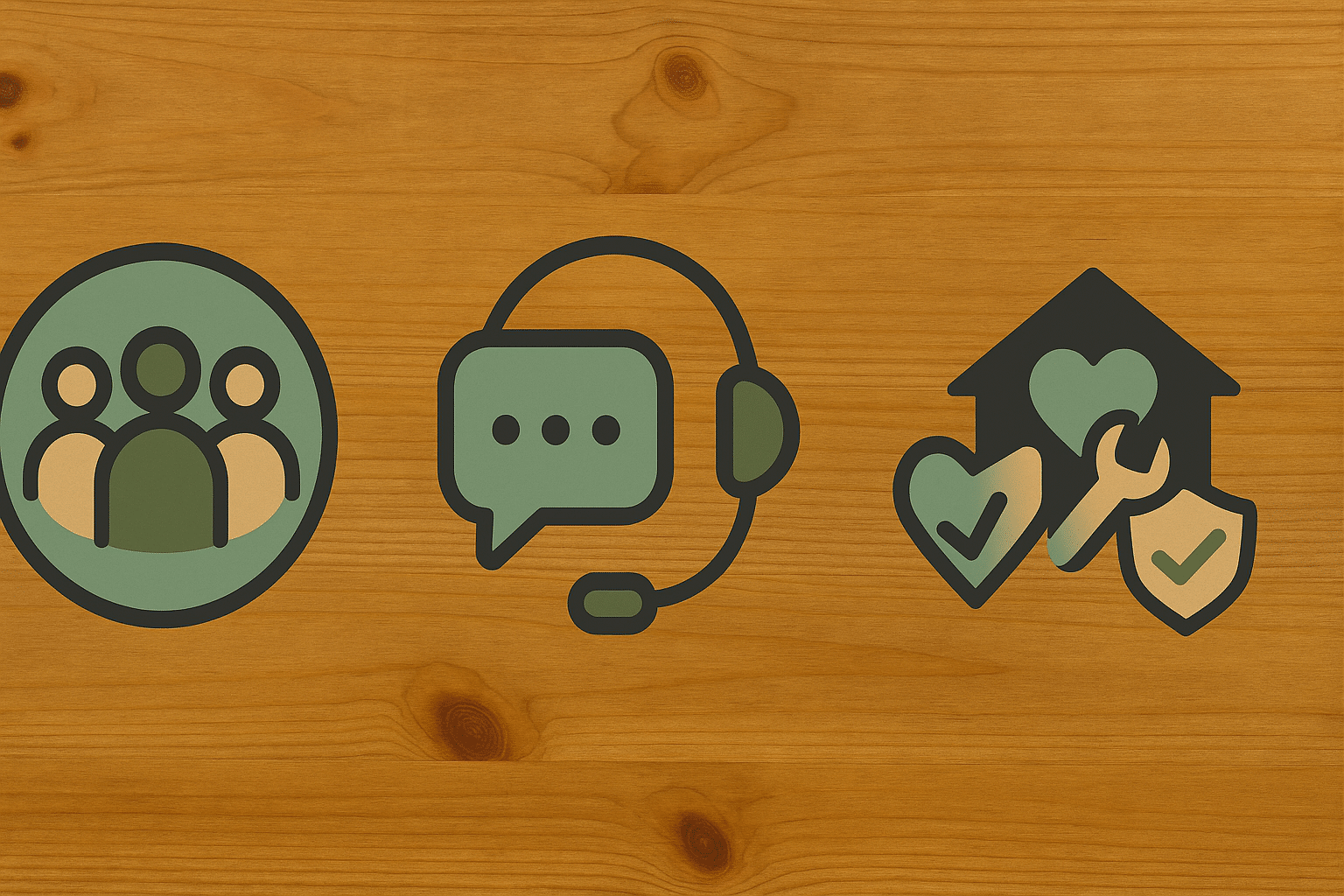 Community people icon headset support and home with heart and tick on a wood background representing customer support and aftercare.
