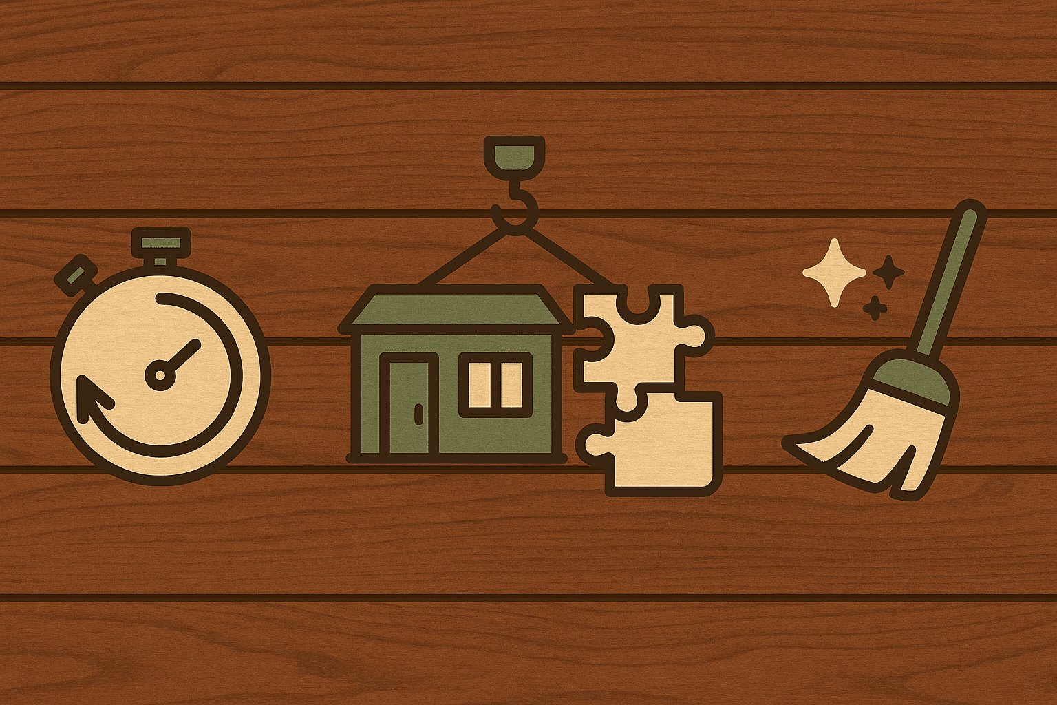 Stopwatch modular pod with crane and clean site broom icons on a wood background representing fast and efficient construction.