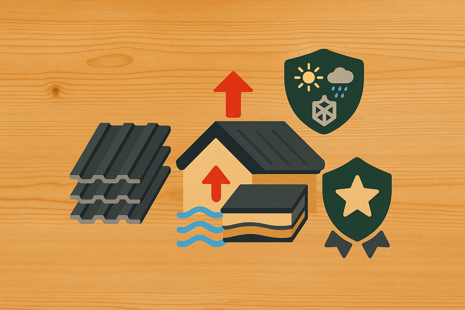Stacked steel cladding panels insulated roof section and weather durability shield icons on a wood background representing high quality steel cladding.