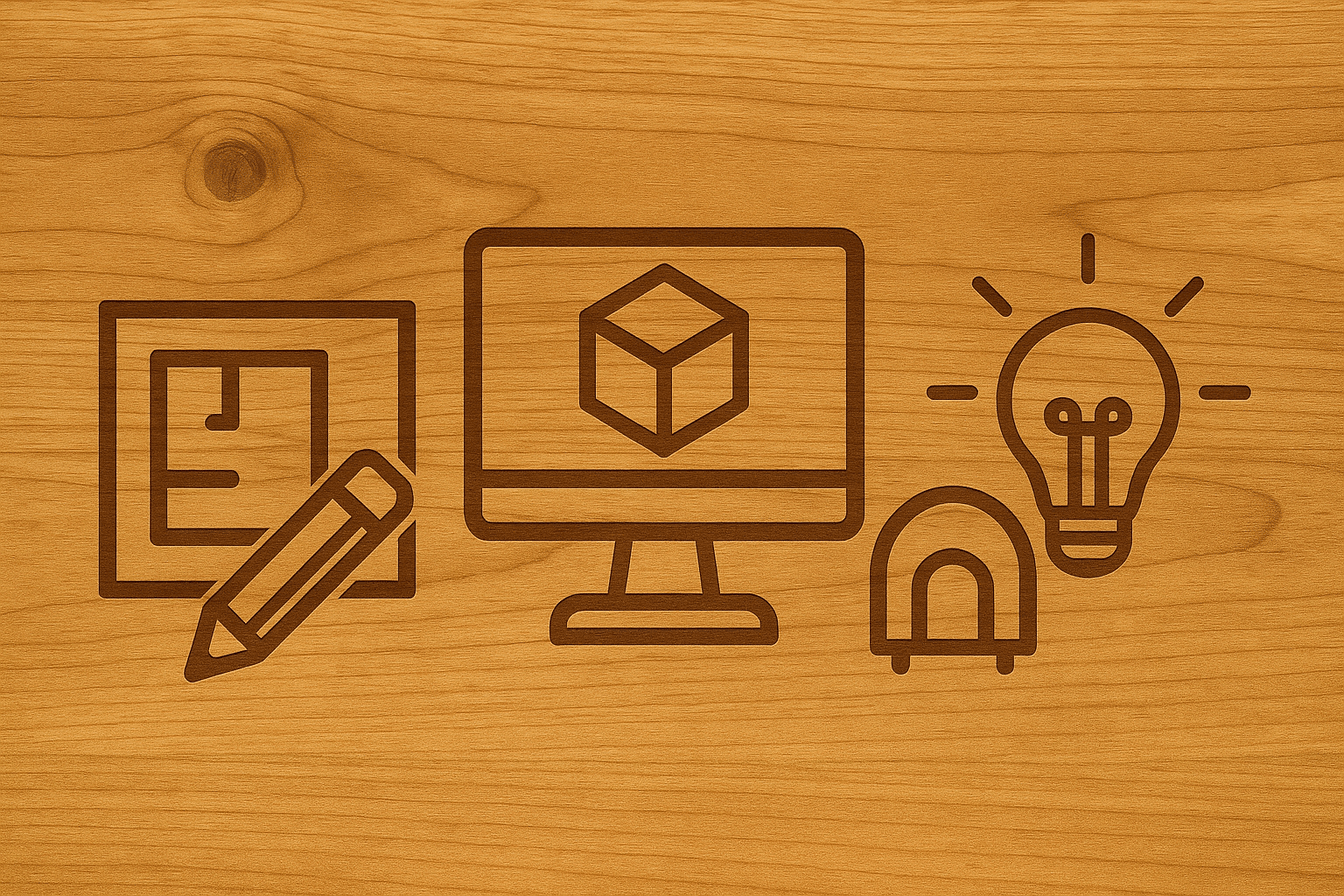 Blueprint pencil 3D modelling screen lightbulb and pod icons on a wood background representing innovative design.