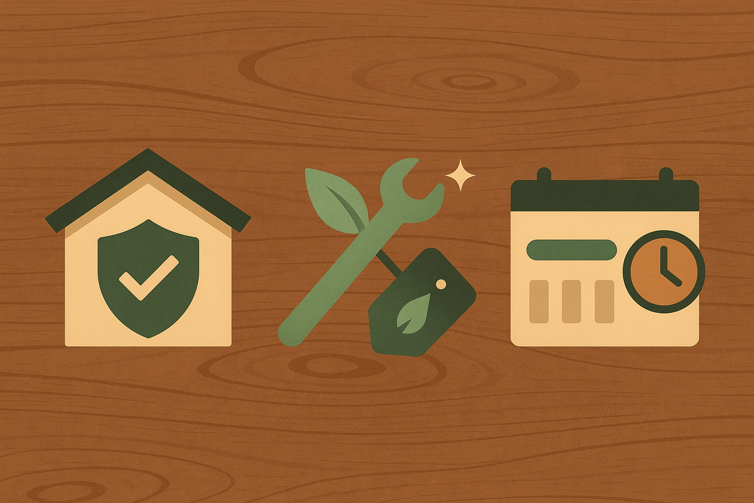 House shield wrench with leaves and long‑life calendar icons on a wood background representing low maintenance and high longevity.