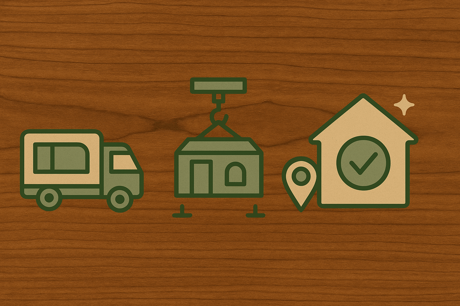 Delivery truck crane install and completed mobile pod icons on a wood background representing seamless delivery and installation.