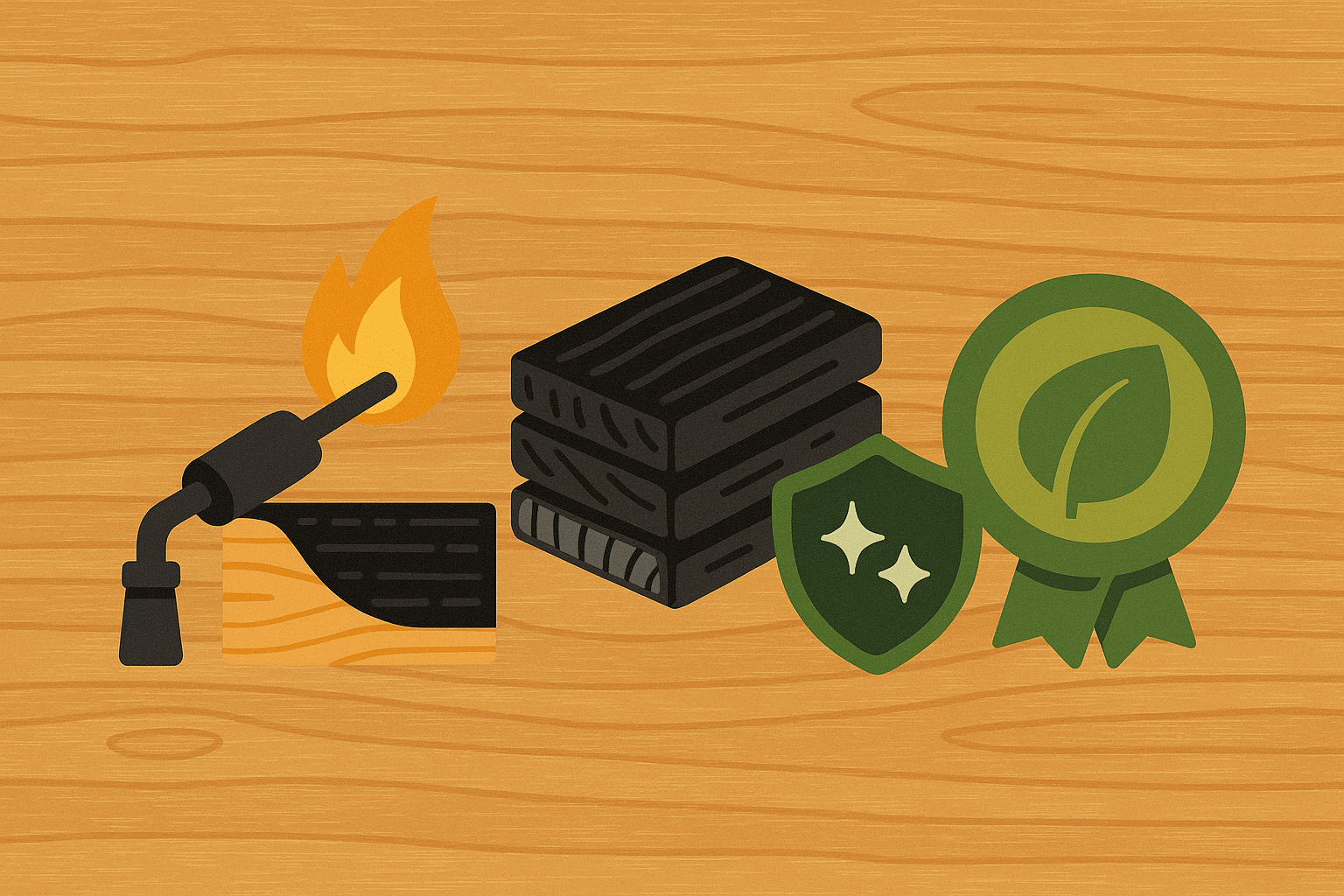 Torch charring timber stack of charred boards and green certification badge icons on a wood background representing Sugi Ban burnt wood Accoya quality.