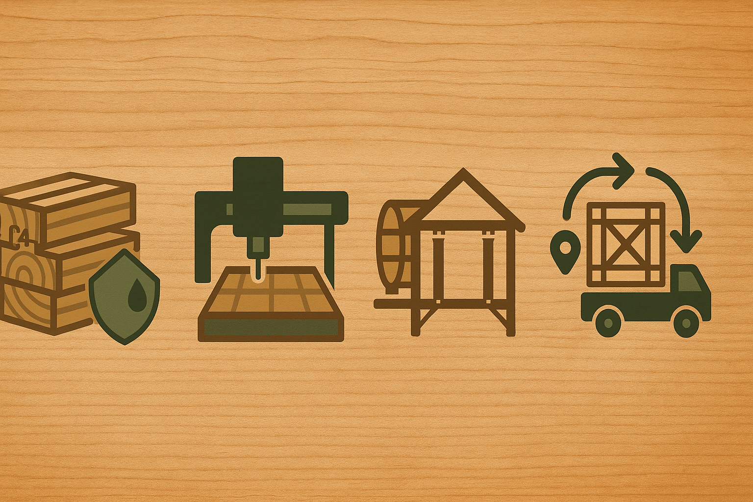 Stacked C24 treated timber CNC cutting machine modular timber frame and moveable delivery truck icons on a wood background.